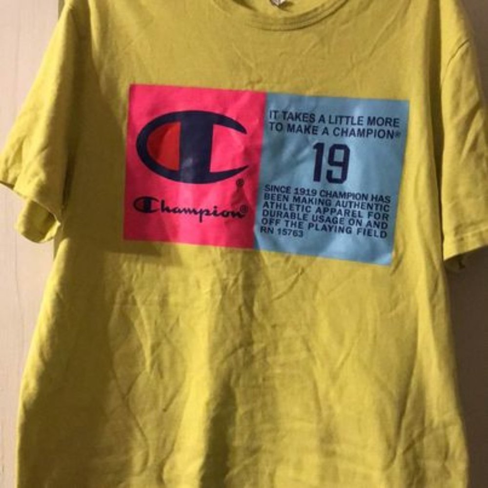 Champion Yellow, blue and pink, Tee (Size Mens L)